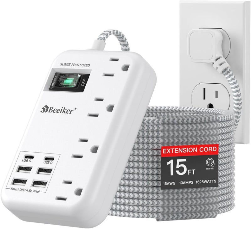 Beeiker 6 USB(2 USB C) Surge Protector Power Strip- 15 Ft Extension Cord with 6 USB Charging Station and 4 Outlets, Flat Plug Long Braided Extension Cord with Multiple Outlets Wall Mount for Home Office Dorm - Image 1